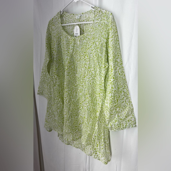 Kilol Tunic Top Hand Block Prints India Cotton 3/4 Sleeves Womens Lime Freeze - Picture 2 of 8